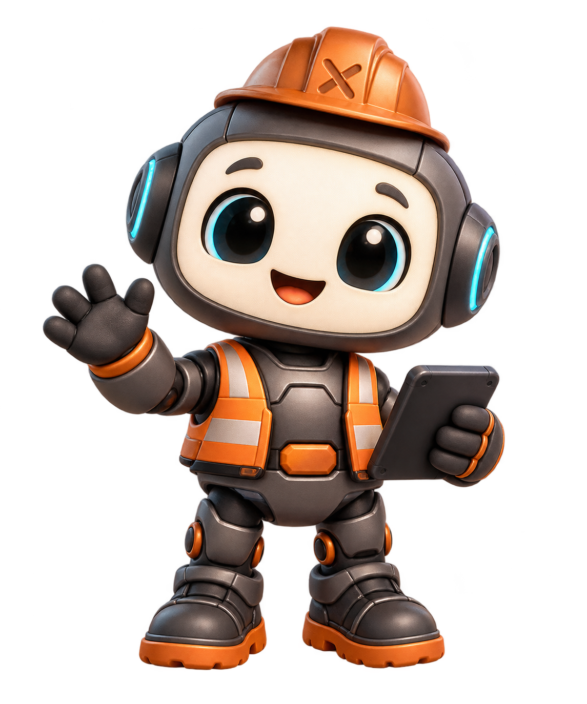 Rivet, a friendly construction robot wearing an orange hard hat